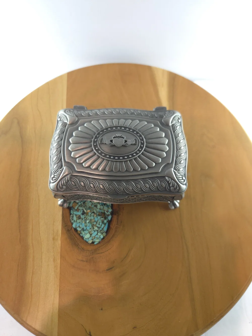 Mullingar Pewter Claddagh Jewelry Box Celtic Irish, Blue Velvet, Vintage 1980s
